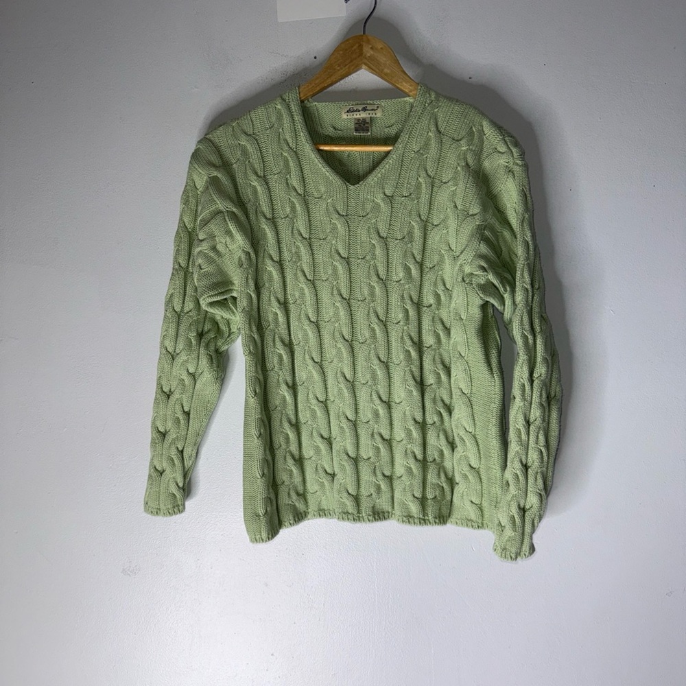 vintage eddie bauer Green V Neck Cable Knit Cotton Sweater Medium